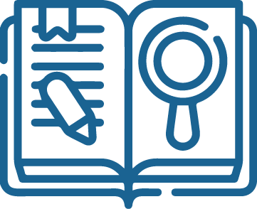 icono azul de una libreta con un boli  y una lupa
